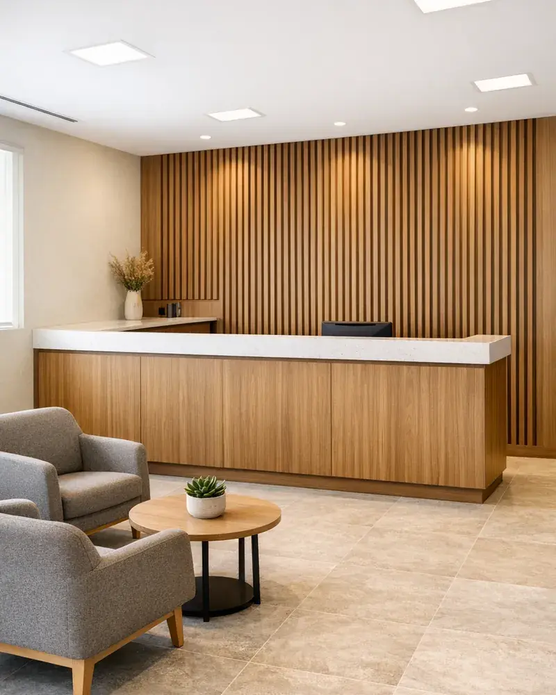 Clinic preview with reception, calm finishes, and consultation rooms