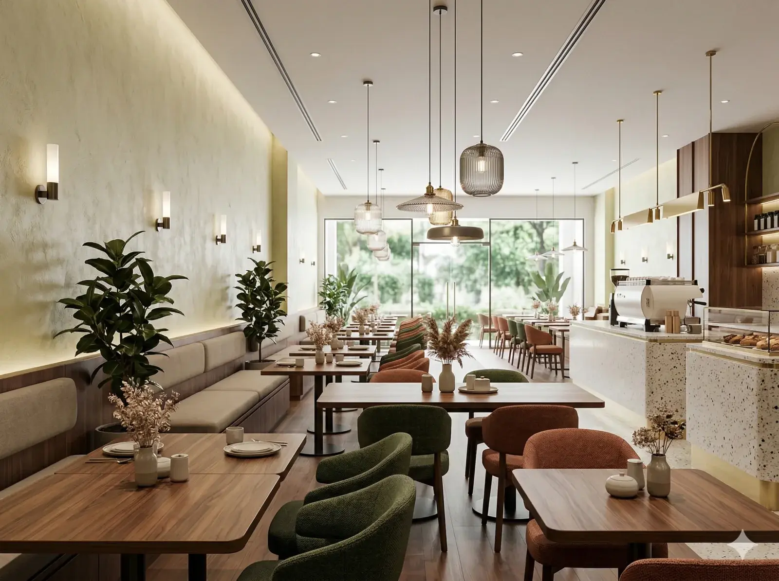 Hospitality preview with seating, service counter, and ambience cues