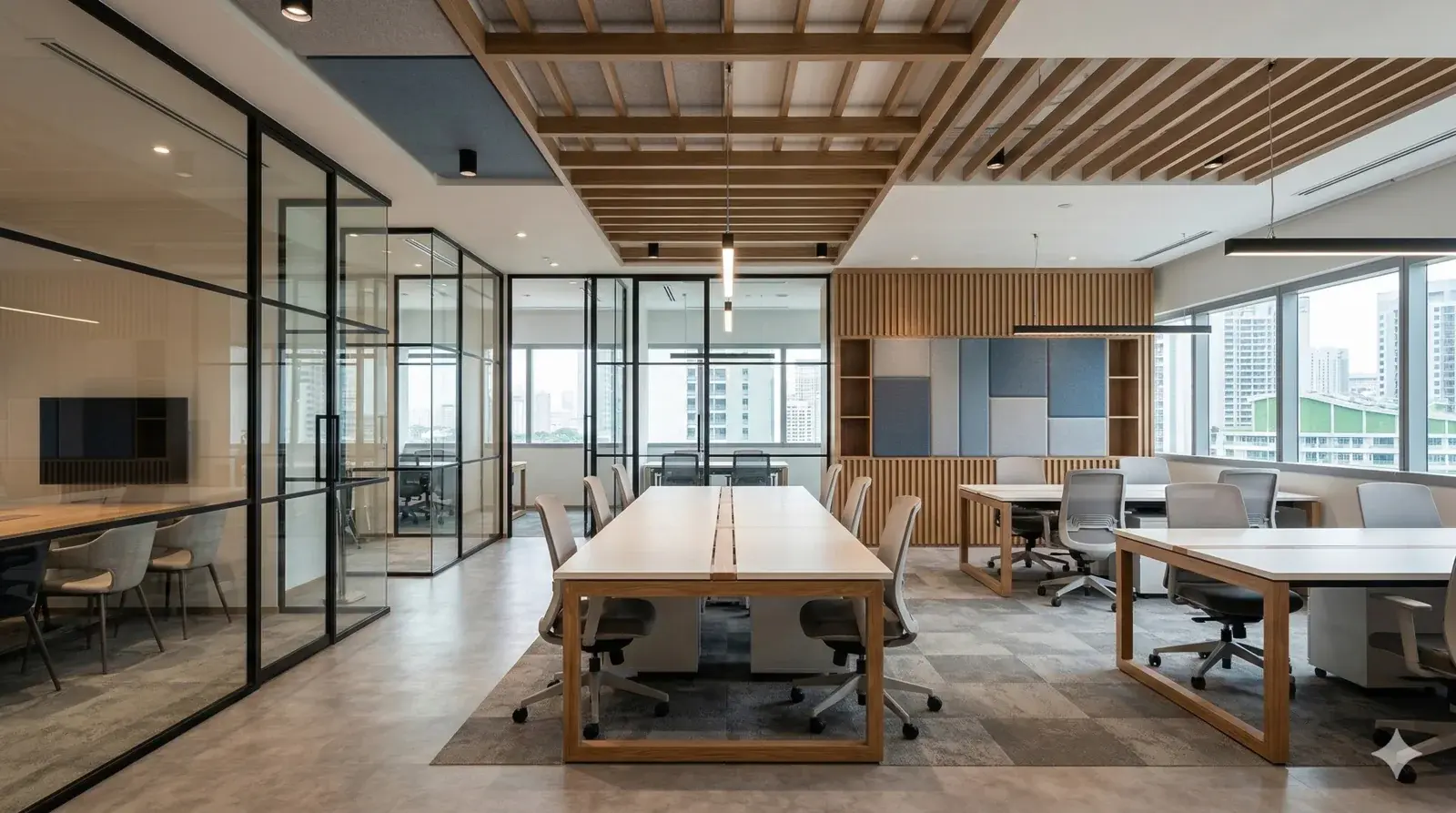 Office preview with reception, workstations, and meeting zones