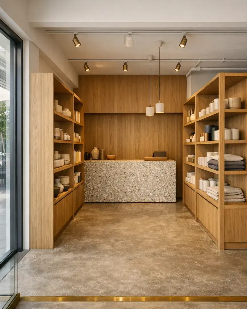 Retail preview with curated display, customer flow, and cashier-zone discipline