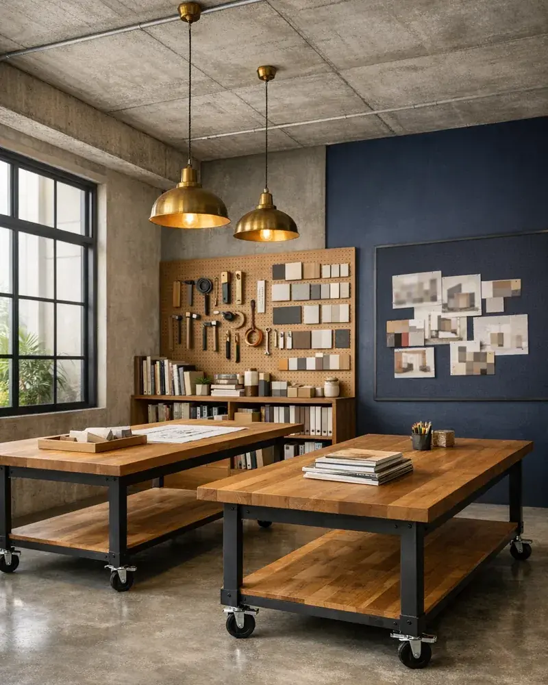 Studio preview with display wall, maker zone, and flexible layout cues