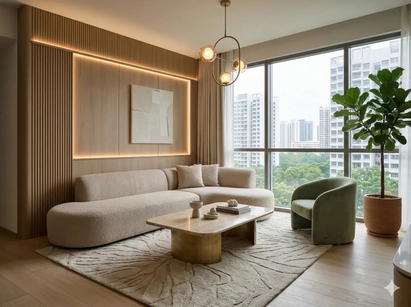 Condo preview with open-plan living and material polish