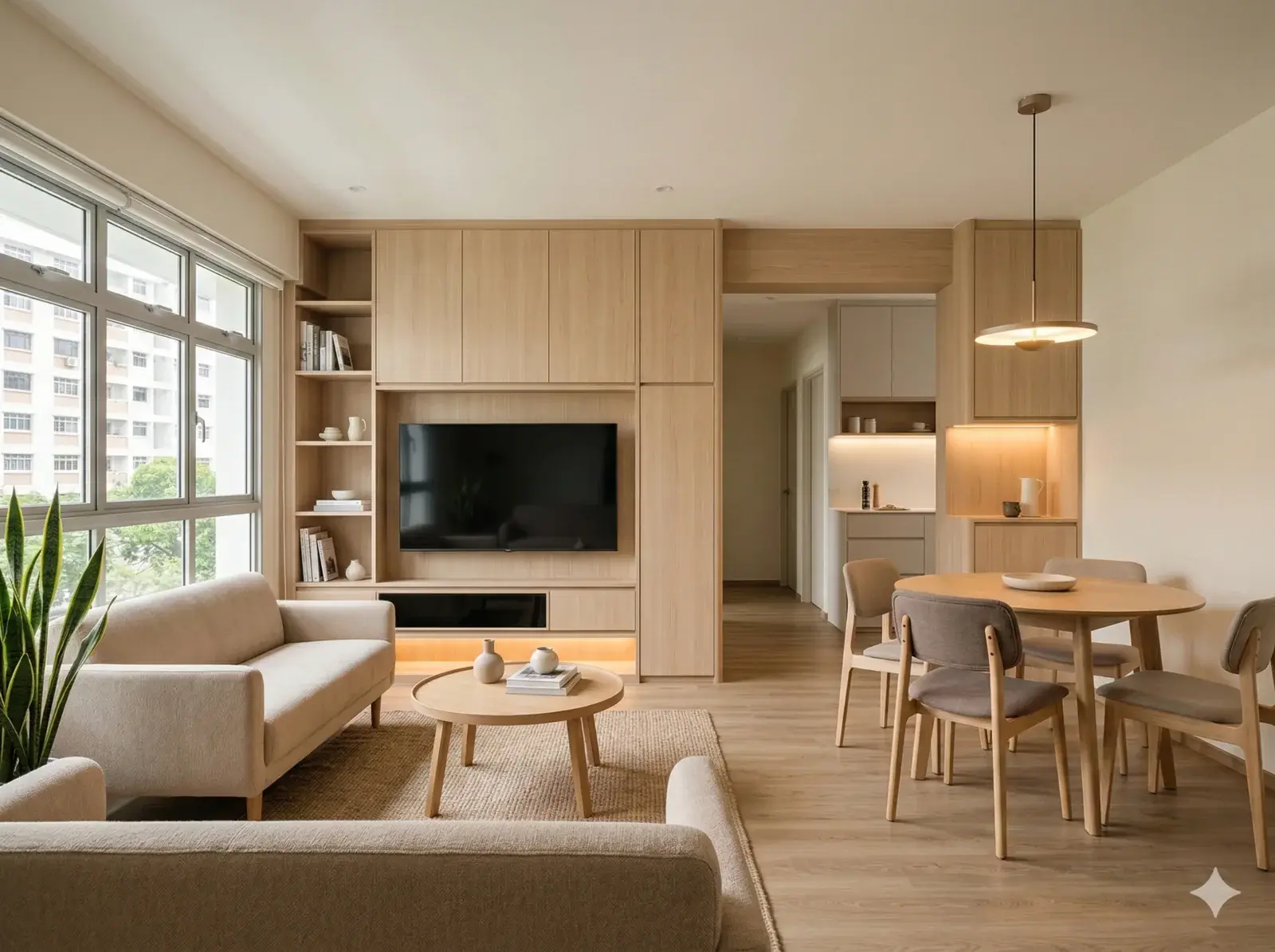 HDB living and dining preview with compact storage-led planning