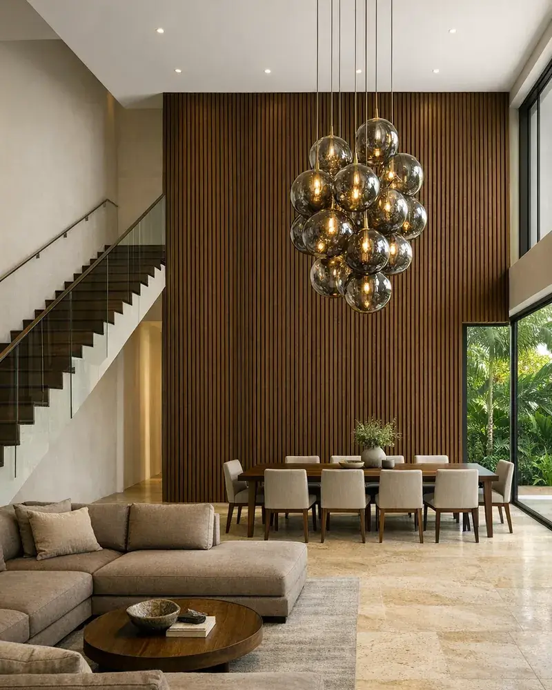 Landed-home preview with double-height living, dark timber, and tropical indoor-outdoor connection
