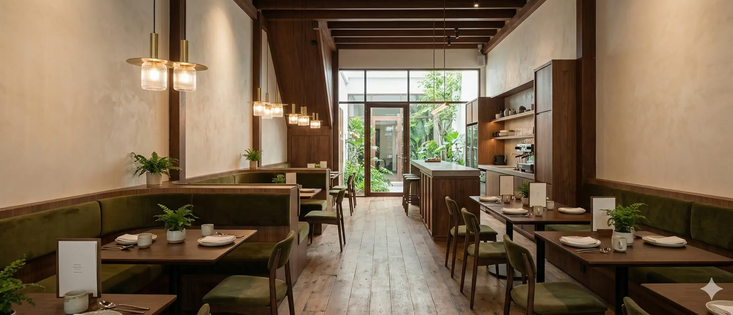 Commercial hero showing a refined Singapore shophouse cafe interior