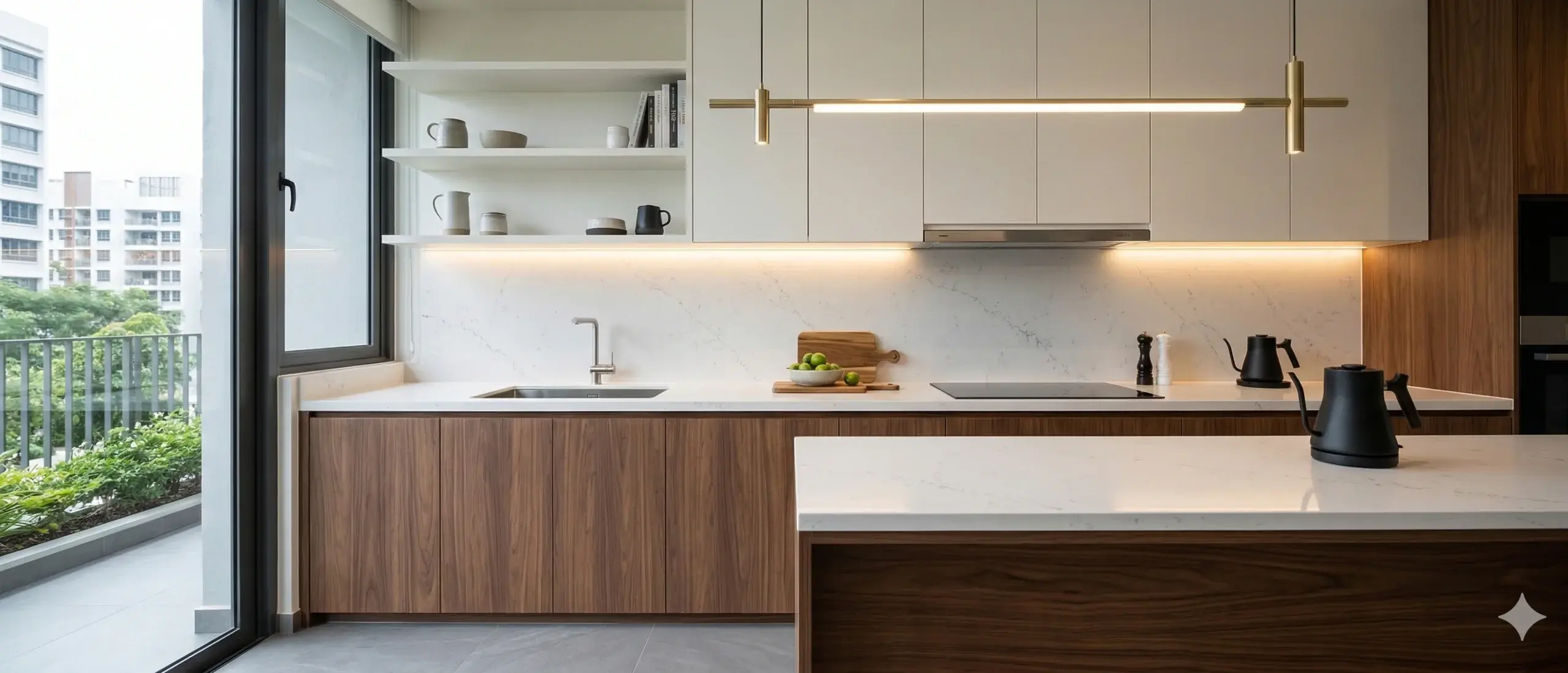 Kitchen detail hero focused on stone, timber, and brass finish quality