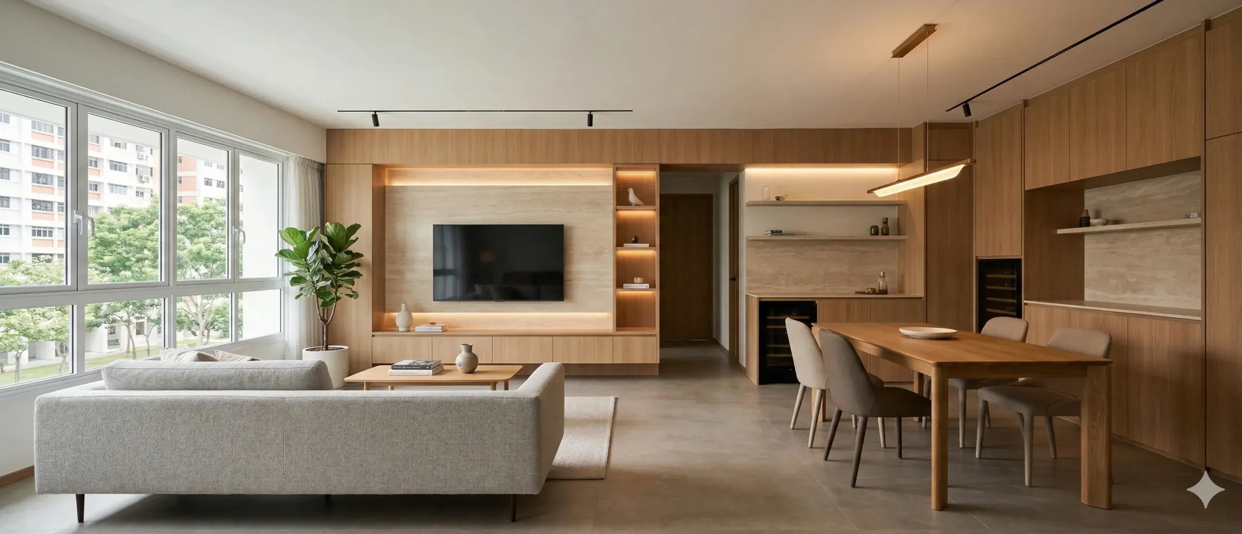 Warm HDB living and dining hero with a calm left-side text-safe zone